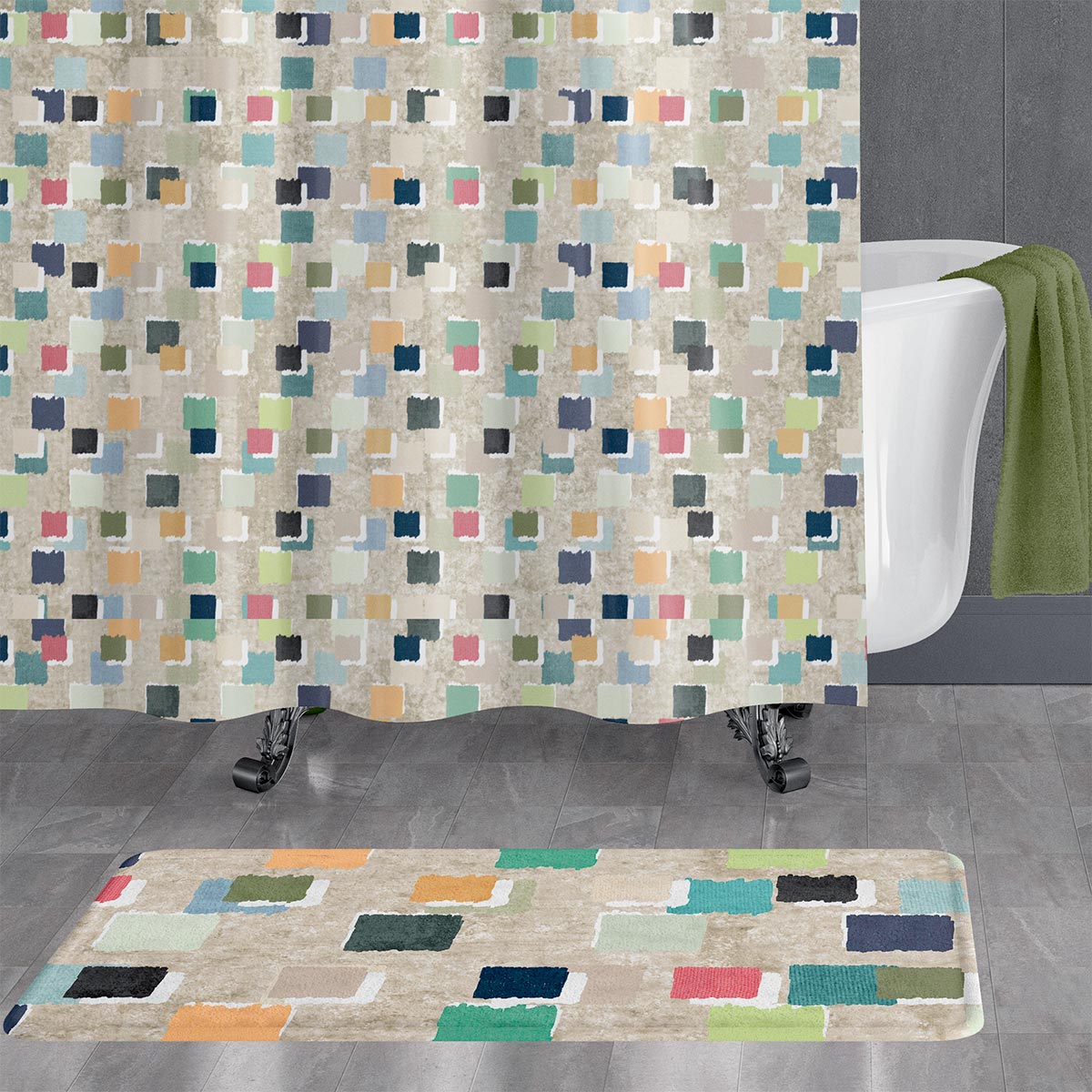 Abstract design shower curtain with water-resistant fabric.