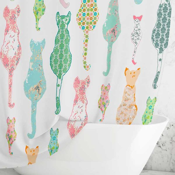 washable mold resistant fabric shower curtain with pastel floral cats pattern