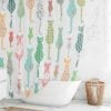 Washable mold resistant white fabric shower curtain with pastel floral cats pattern