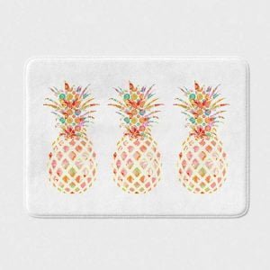 Non slip, absorbant, quick dry, washable white bath mat with tropical pineapple print
