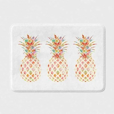 Non slip, absorbant, quick dry, washable white bath mat with tropical pineapple print