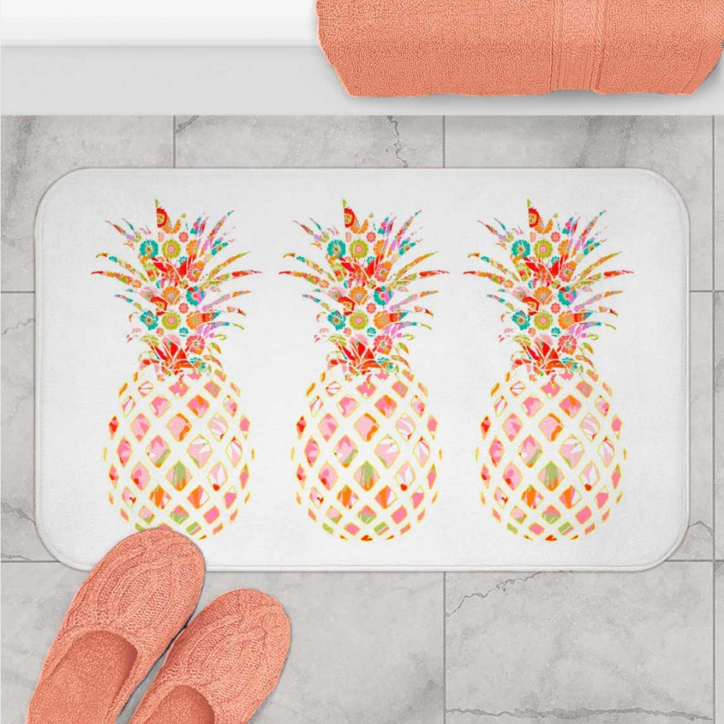 Non Slip White Bath Mat With Tropical Pineapple Print