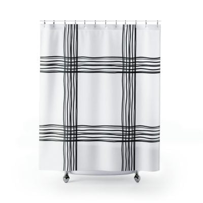 Black and white check fabric shower curtain