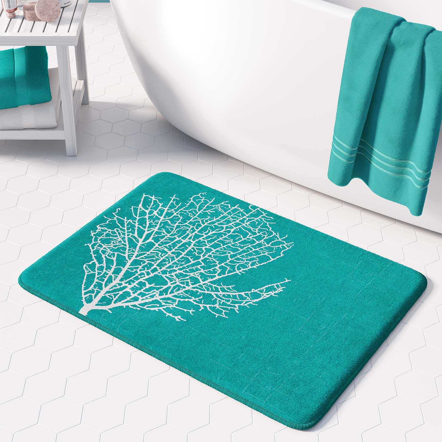 Aqua Coral Bath Mat For Beach BAthroom Decor