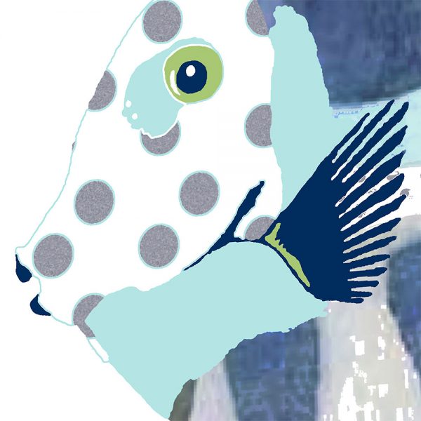 close up artwork for blue fish bathmat