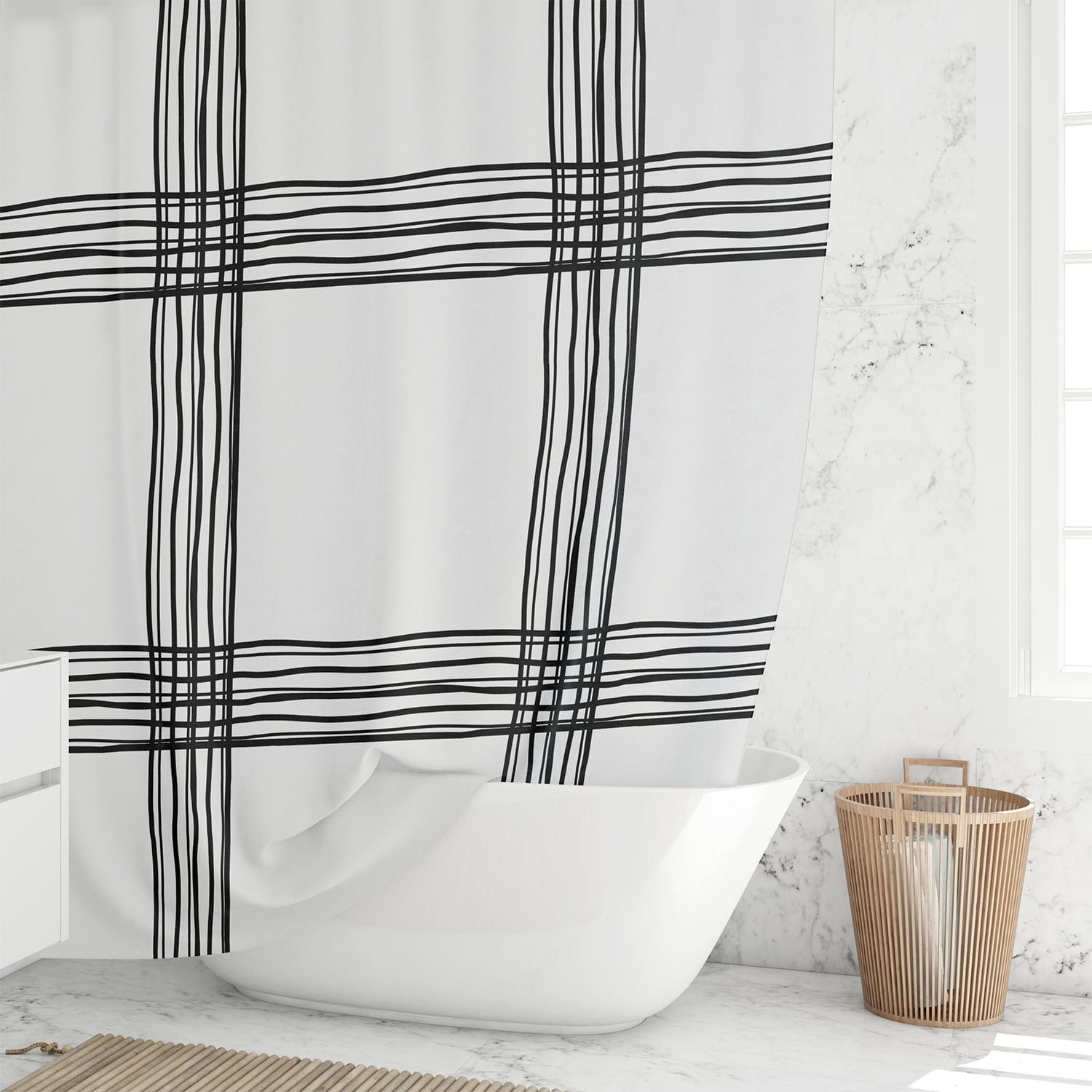black and white checked shoer curtain with modern geometric print
