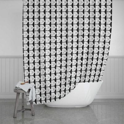 Geometric Print Fabric Shower Curtain - Bold Black & White, Waterproof, Washable & Includes 12 Hooks