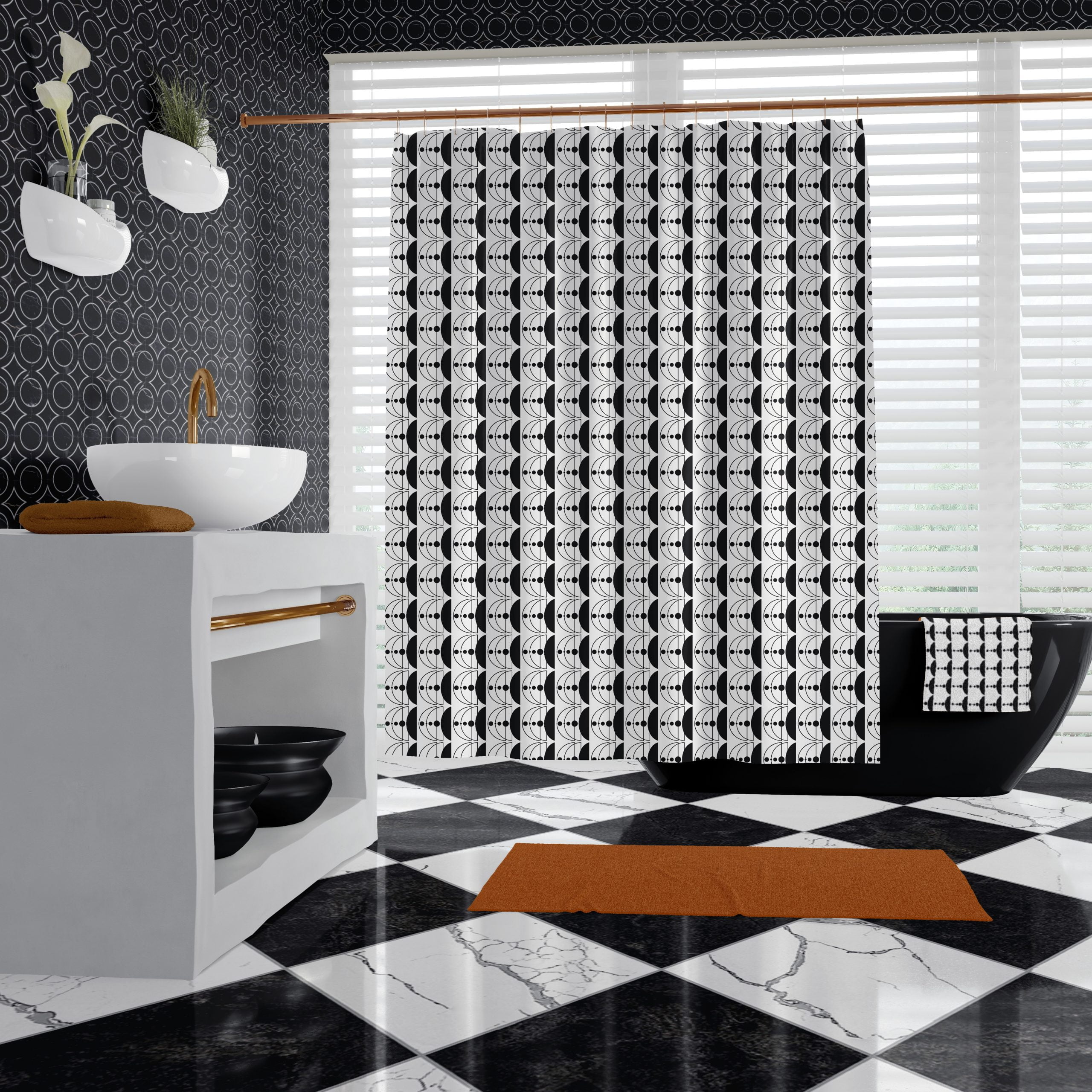 Geometric Print Fabric Shower Curtain - Bold Black & White, Waterproof, Washable & Includes 12 Hooks - Image 5