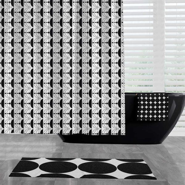 black and white fabric shower curtain with modern geometric print