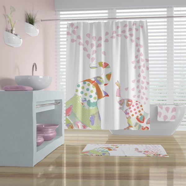 Cute shower curtain with pink elephants for girls bathroom