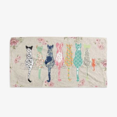 Beige Floral Cats & Blurred Rose Patterned Bath Towel by Ozscape Designs