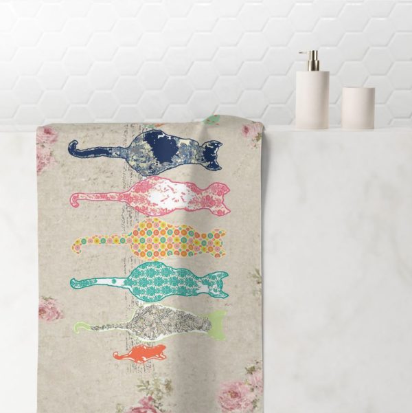 Beige Floral Cats & Blurred Rose Patterned Hand Towel by Ozscape Designs