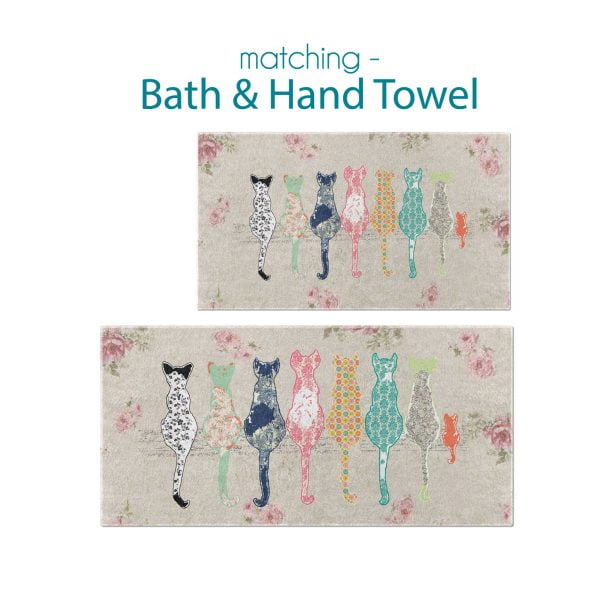 Beige Floral Cats & Blurred Rose Patterned Bath and Hand Towel Set by Ozscape Designs