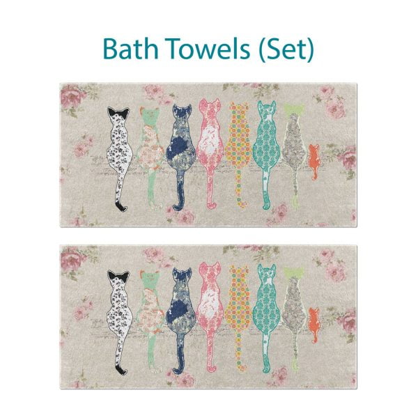 Beige Floral Cats & Blurred Rose Patterned Bath Towel Set by Ozscape Designs