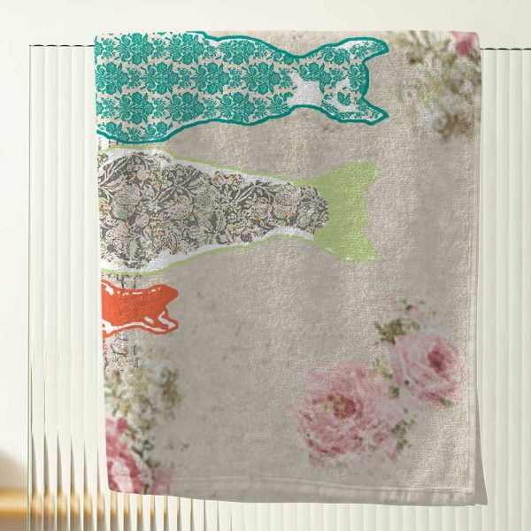 Floral Cat Towels with Beige background and blurred roses