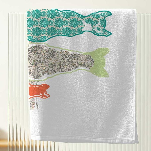 white bath towel with cat printed velour face