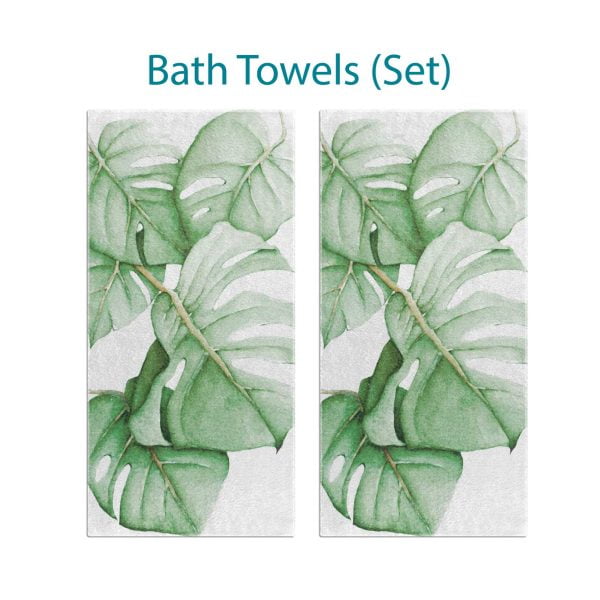 Complete Set: White Towels with Tropical Green Monstera Palm Leaves Design by Ozscape Designs