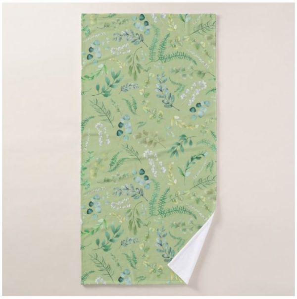 Patterned Bath Towels With Apple Green Leafy Floral Print
