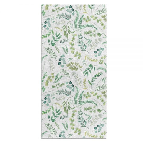 White BAth towel with leafy green decorative floral print and cotton terry back