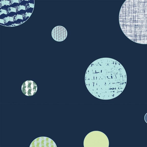 close up of navy polka dot artwork on bath towels