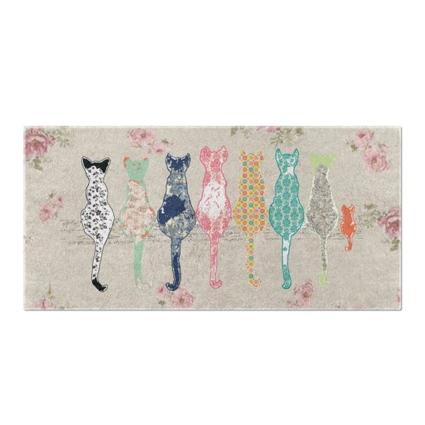 beige bath towels with cute floral cats and blurred roses pattern