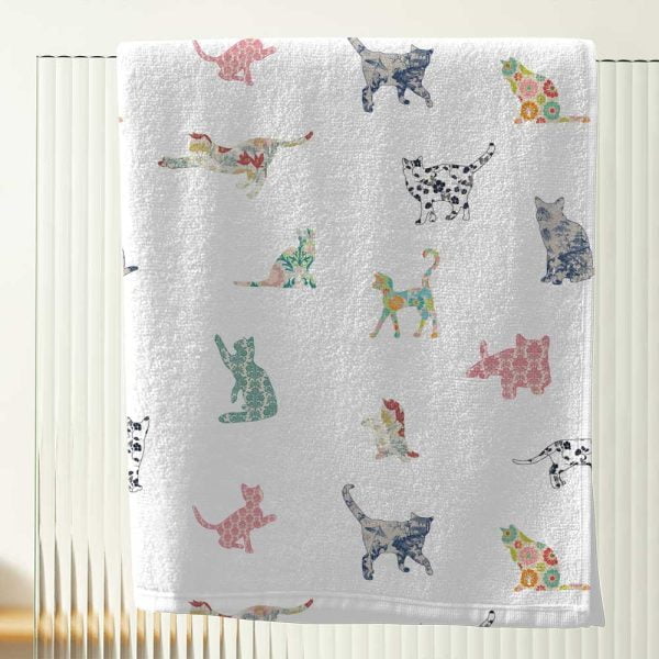 cute cat bath towels with white velour face and cotton back