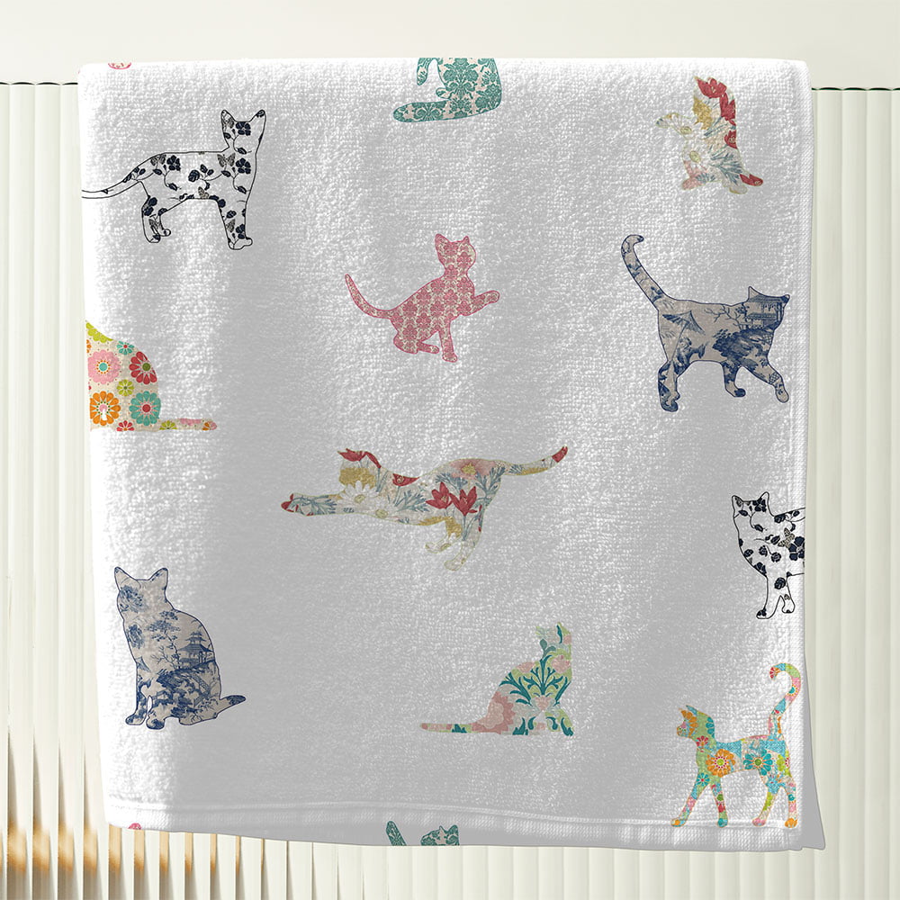patchwork cats kids bath towel pastel floral design