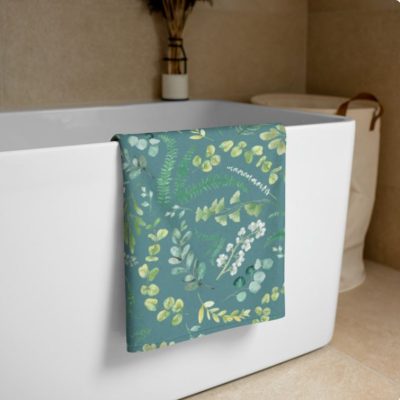 Teal Green Printed Floral Bath Towel