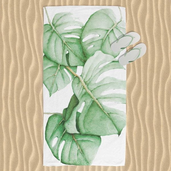Green Watercolor Palm Leaves Beach Towel