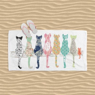 Stylish Floral Cats Patterned Beach Towel by Ozscape Designs
