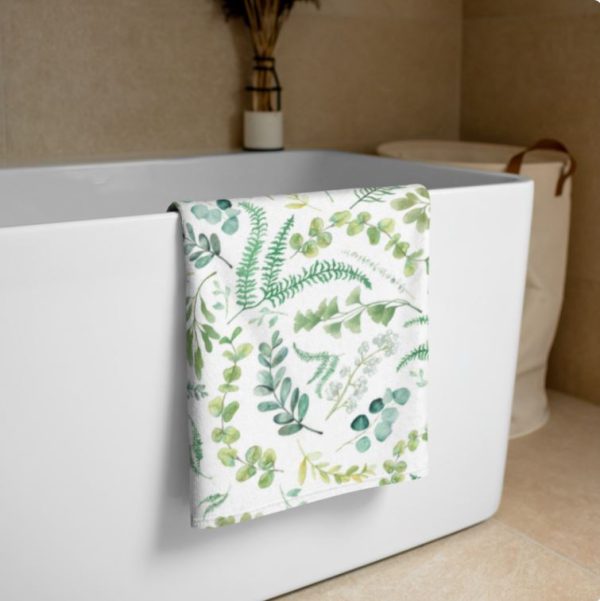 Green leafy floral printed bath towel