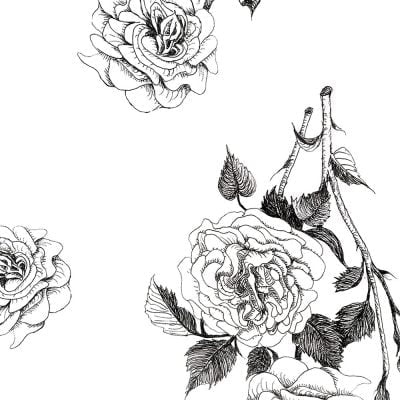 Hand drawn black rose floral print on white bath towels