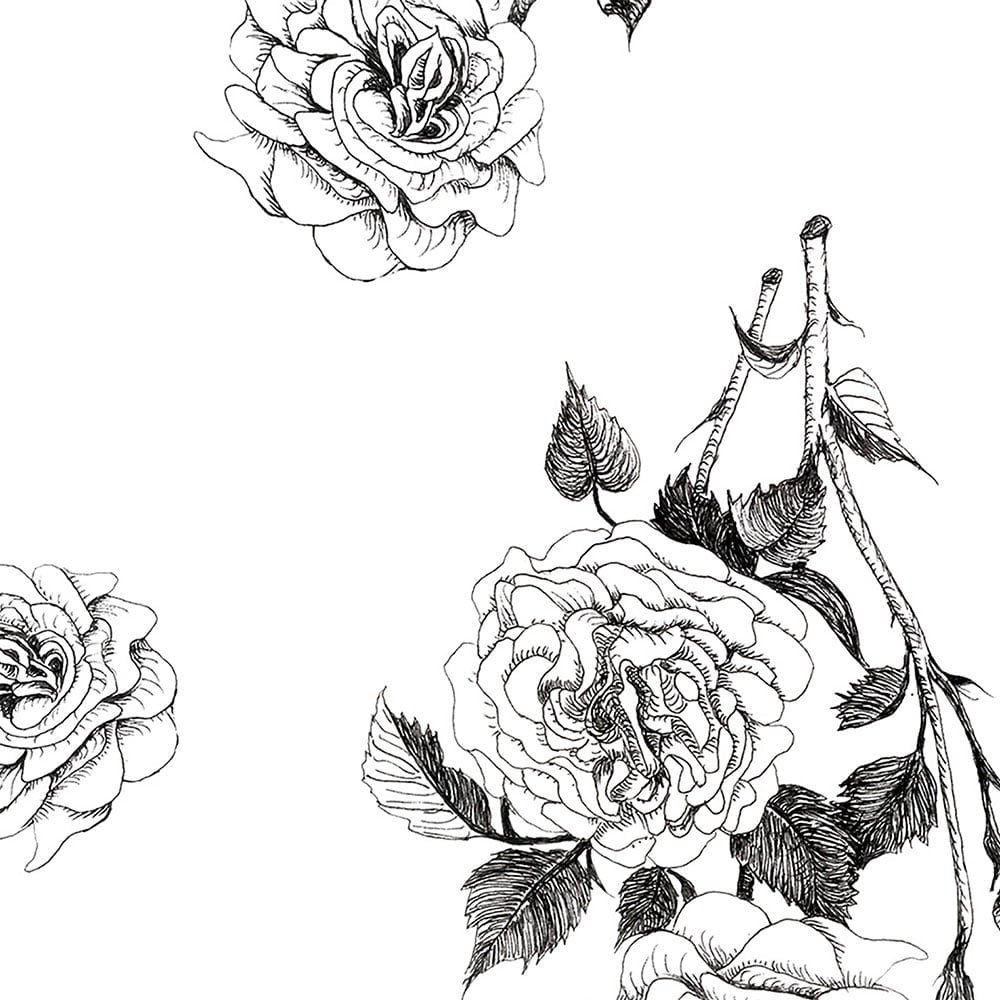 Hand drawn black rose floral print on white bath towels