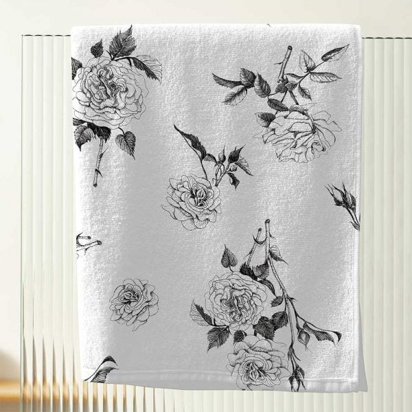 White Cotton Bath Towels With Black and White Floral Rose patterned print on velour face