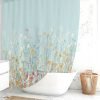 pretty modern farmhouse floral blue fabric shower curtain with washable mold resistant fabric