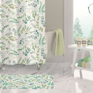 leafy green shower curtain with floral watercolor print