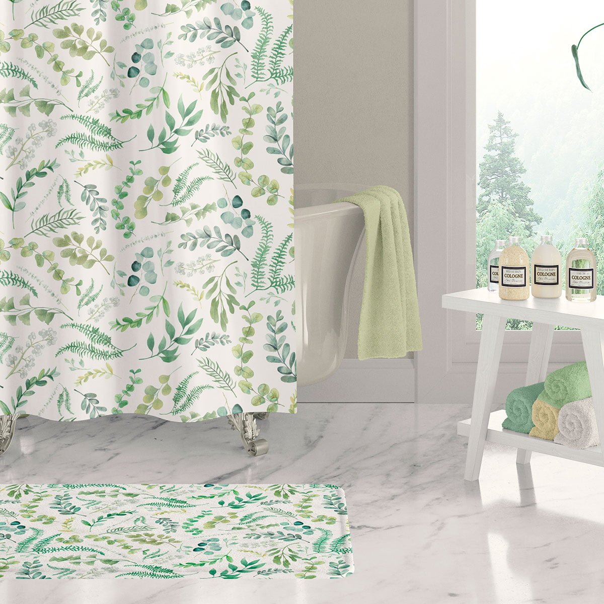 leafy green shower curtain with floral watercolor print