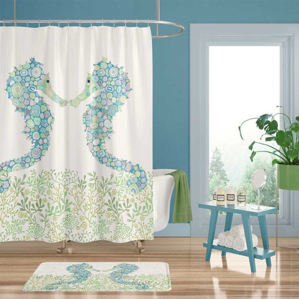 Blue and Green seahorse mold free fabric shower curtain