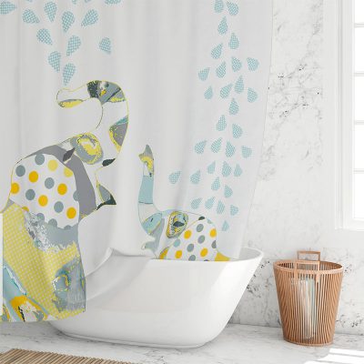 Washable anti mold yellow and gray elephant shower curtian for kids bathroom