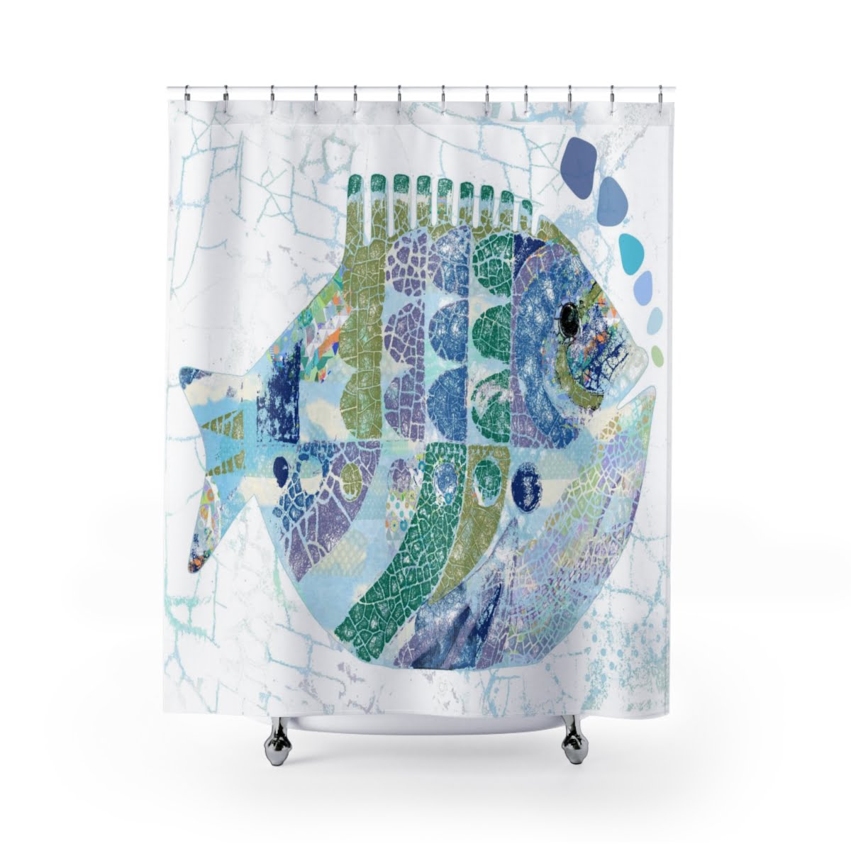 Unique modern shower curtain with big blue fish print