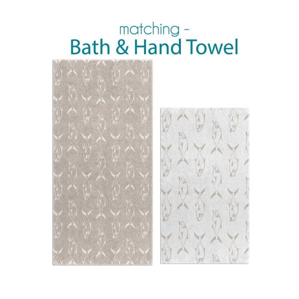 Coastal Fish Patterned Hand and Bath Towel Set in Beige and White.