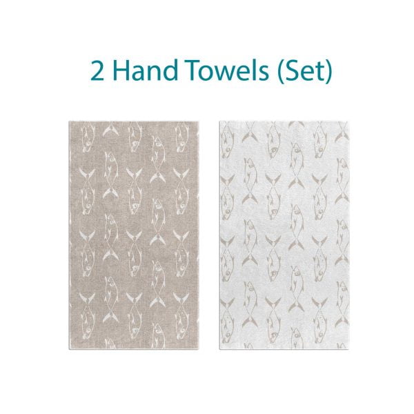 Coastal Fish Patterned Hand Towel Set in Beige and White.