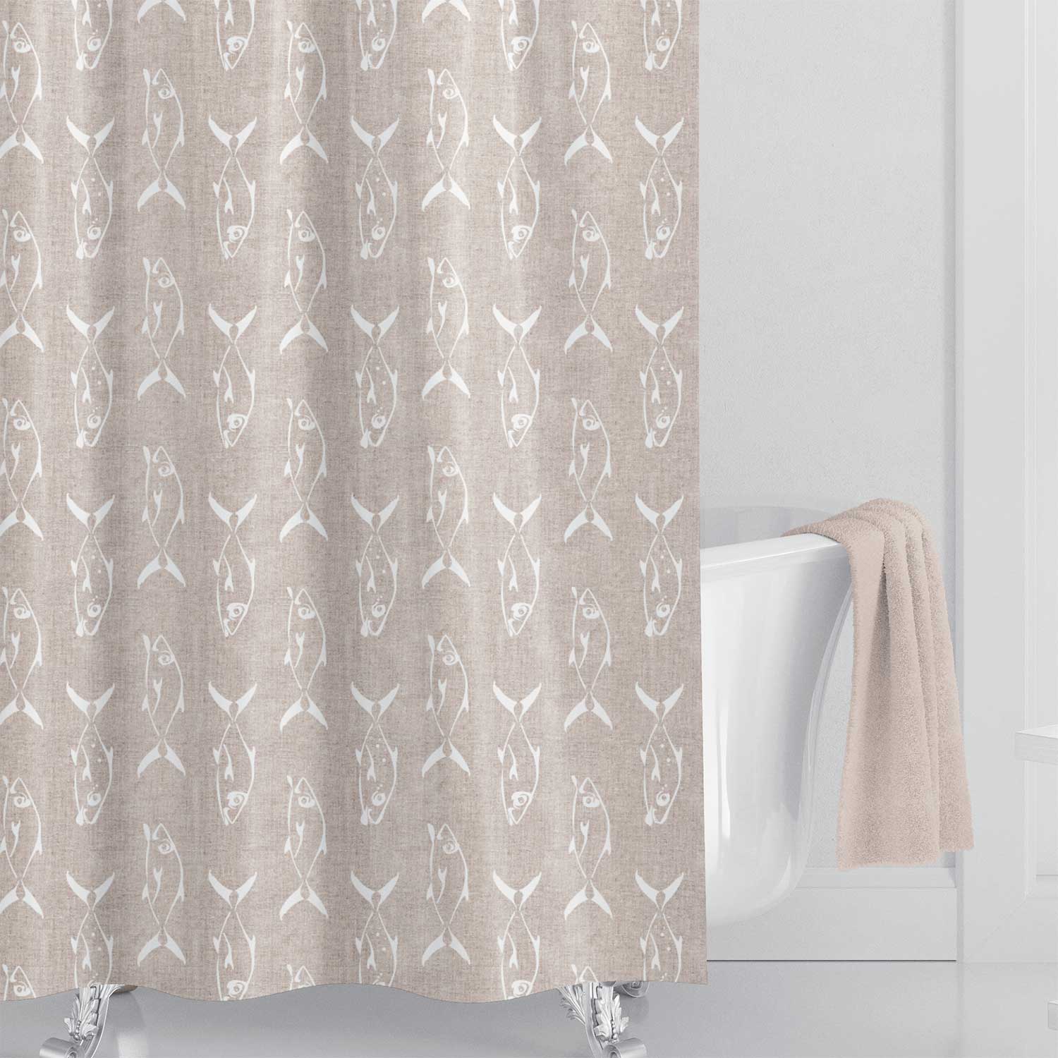 beige coastal fish shower curtain