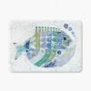 Elevate your modern coastal bathroom with our bath mat showcasing an abstract big blue raku fish artwork.
