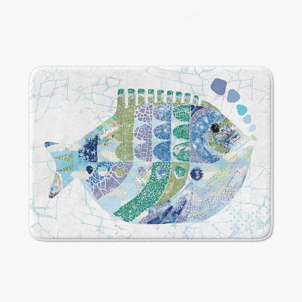 Elevate your modern coastal bathroom with our bath mat showcasing an abstract big blue raku fish artwork.