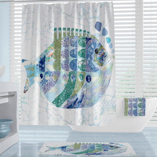 modern blue abstract fish shower curtain for a coastal beach house vibe