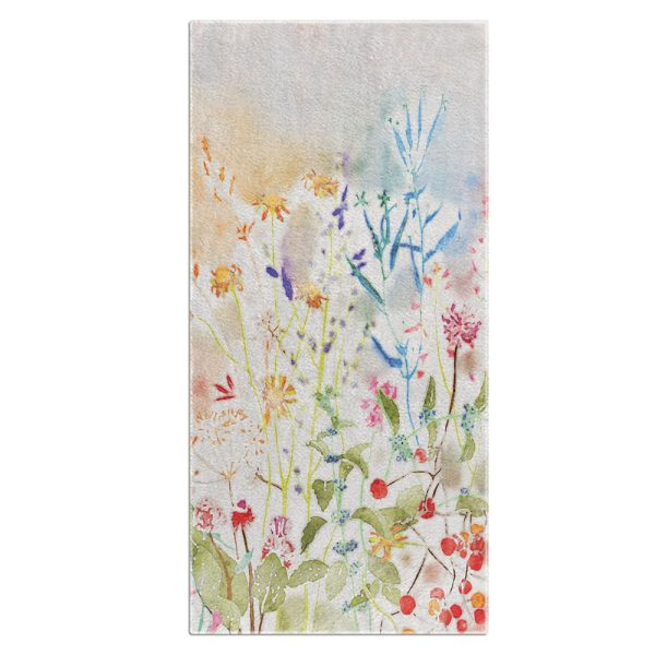 watercolor floral bath towel with patterned velour face and cotton terry back