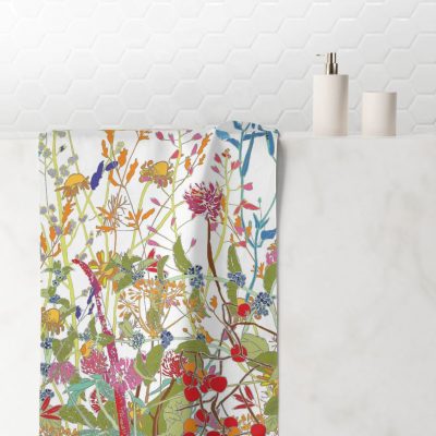 Floral Bath towels with captivating wildflower printed velour and cotton terry back