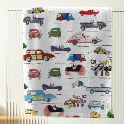 crazy cars kids bath towel hand drawn vehicles