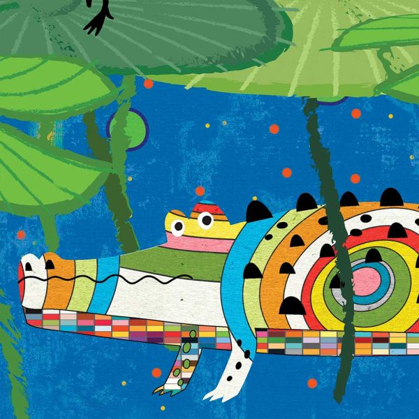 detail view of kids bath towel with fun playful crocodile